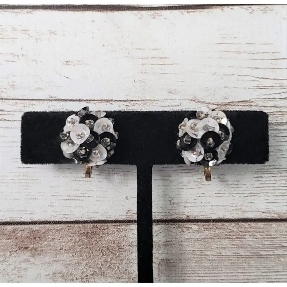 Vintage Screw Back Earrings Black & White Sequin Cluster Just Over 0.5